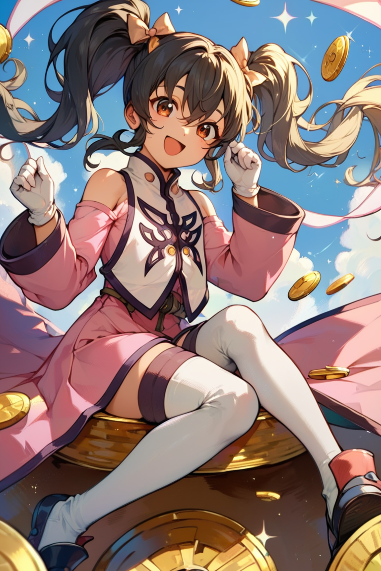 score_9, score_8_up, score_7_up, very aesthetic, source_anime, detailed, high quality, beautiful, masterpiece, detailed eyes,
<lora:lightXL:0.8>
simple background
<lora:action-sdxl-V0.5:1>zdyna_pose
sitting on coins, coins falling, smile, open mouth, hands up, happy,
<lora:anise_autismConfetti_v05:0.99>flat chest, 
anise tatlin, 1girl, black hair, brown eyes, twintails, pink dress, white gloves, thighhighs, bare shoulders, shoes, hair bow, long sleeves, sidelocks, hair between eyes,, zPDXL