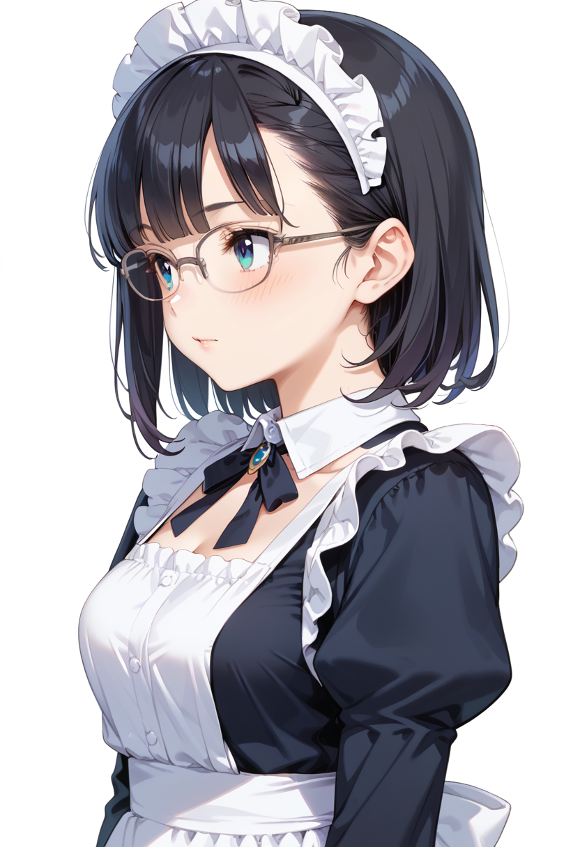 score_9, score_8_up, score_7_up, rating_safe, masterpiece, best quality, absurdres, unity 8k wallpaper, official art, official style, source_anime, uncensored, game cg, megami magazine,
1girl, solo, black hair, medium hair, upper body, covered eyes,maid, maid headdress, black dress, maid apron, face focus, 
halfrim15S, still life, white background, simple background, grey-framed eyewear,
 <lora:glasses_halfrim15s_PONY_V1:1>