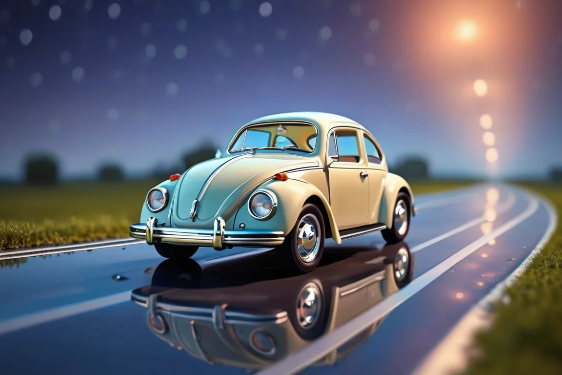 Billy's Vintage Car, original early design VW Beetle (Fusca) . glassy reflective road, glassy clean landscape, best bright night, aurora, motion blur, raining warm weather, sleek driving, high-octane, high-definition