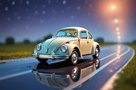Billy's Vintage Car, original early design VW Beetle (Fusca) . glassy reflective road, glassy clean landscape, best bright night, aurora, motion blur, raining warm weather, sleek driving, high-octane, high-definition