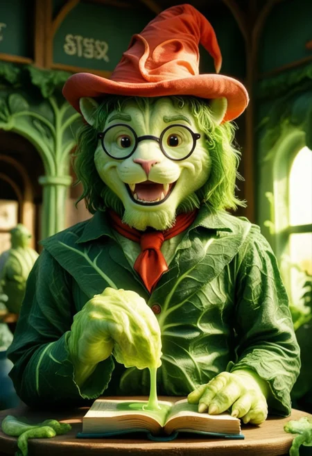 [number of people (e.g., 2men)] [(An anthropomorphic white crane bird looks out at an audience, while reading aloud from a magical book, solo, 1man, 80yo, open mouth, happy smile, purple and yellow magician old dusty outfit made of cabbages, black glasses, red hat:1.5)] BREAK [(An anthropomorphic white lion looks out at an audience, while reading aloud from a magical book, solo, 1man, 70yo, open mouth, happy smile, black and pink magician old dusty outfit made of cabbages, very small black round glasses, red hat:1.5)] BREAK [An opened impressive magic book, (book cover made of cabbages leafs, cabbage, cjdl:1.5), (leaking green fluo neon acid from inside to the outside, TOXNEO:2). (side view, 3/4:1.4), (focus on the book pages:2). Rays of light coming from inside the book.  The atmosphere is magical and dreamy. 
(In the foreground, we see a cabbage that transforms into a monster following a toxic liquid, TOXNEO.:2). Dusk, blue sky, orange rays of sun. dutch-angle, backlight, candlelight, (foreshortening, perspective:2).]