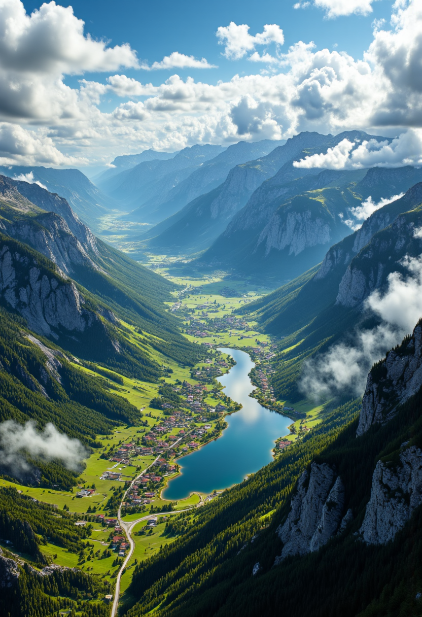 A majestic range of forest covered mountains run along one side of a stunning visage. The valley below has a large lake that runs the length of the mountain range,with a tributary feeding it. There are small villages along the lake with beautiful grassland surrounding. Aerial view,highly detailed,photorealistic,beautiful,<lora:New_Fantasy_CoreV4_FLUX:1>,<lora:digital-abyss:1>,bo-abyss,<lora:aidmaMJ6.1_v0.5_3:0.7>,aidmamj6.1,<lora:aidmaHyperrealismv0.3:0.7>,aidmaHyperrealism,<lora:aidmaImageUpraderv0.3:0.35>,aidmaimageupgrader,