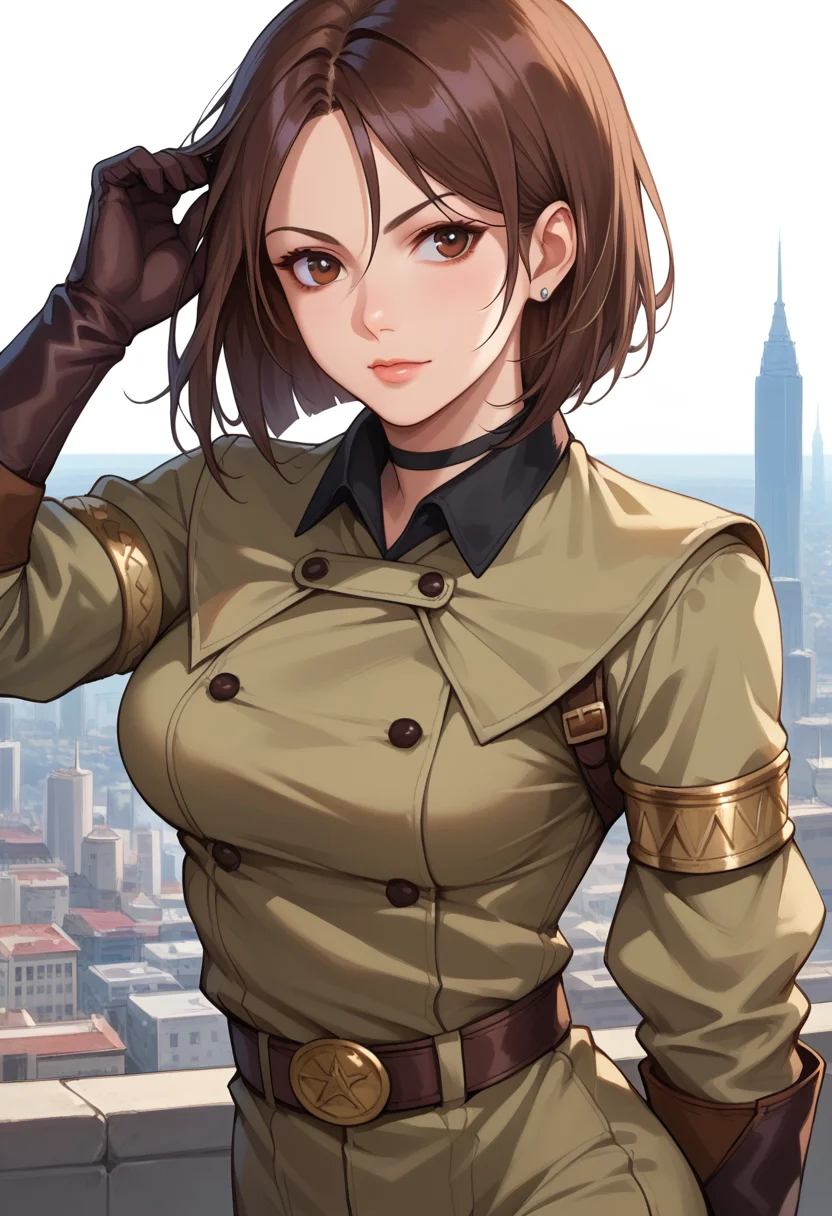 score_9, score_8_up, score_7_up, source_anime, BREAK <lora:KOFWhip:1>, KOFWHP, brown hair, short hair, brown eyes, military unifrom, thighlet, gloves, belt, armlet, close-up, hair behind ear, adjusting hair, breasts, 1 girl, solo, cityscape, cowboy shot, pants,