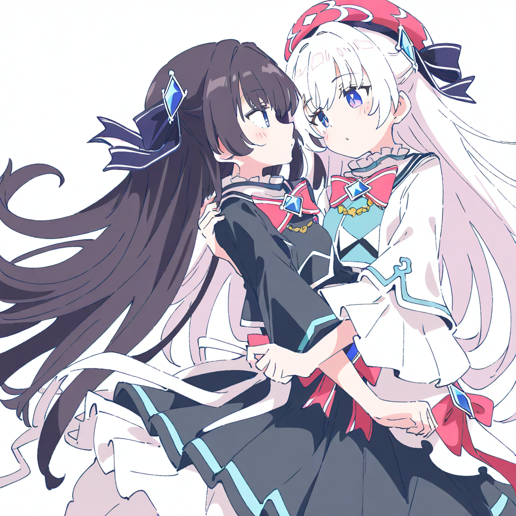 2girls,simple background,white background,hug,looking at another,
BREAK tairitsu,<lora:tairitsu-000016:0.9>,1girl,(black skirt:1.2),black hair,no hat,black dress,
BREAK <lora:xikali>,xikali,1girl,white hair,hat,white dress,, masterpiece, best quality, very aesthetic, absurdres,newest, incredibly absurdres,, (Ixy:0.6)),(hiten \(hitenkei\):0.7),