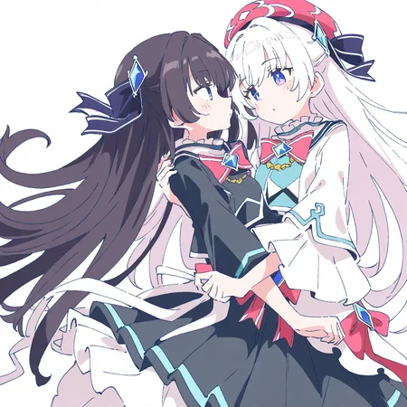 2girls,simple background,white background,hug,looking at another,
BREAK tairitsu,<lora:tairitsu-000016:0.9>,1girl,(black skirt:1.2),black hair,no hat,black dress,
BREAK <lora:xikali>,xikali,1girl,white hair,hat,white dress,, masterpiece, best quality, very aesthetic, absurdres,newest, incredibly absurdres,, (Ixy:0.6)),(hiten \(hitenkei\):0.7),