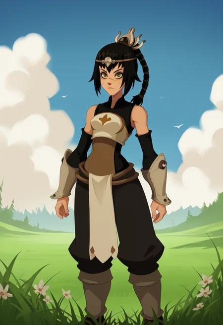 score_9, score_8_up, score_7_up, score_6_up, score_5_up, score_4_up, BREAK, wakfu, 1girl, solo, shadowheart standing in tall grass during a sunny day, black hair, braided ponytail, long hair, green eyes, scar on face, circlet, looking at viewer, armor, blue sky, cloud, standing, grass, meadow background <lora:ShadowHeartXL:0.8> <lora:WakfuPDXL_byKonan:1>