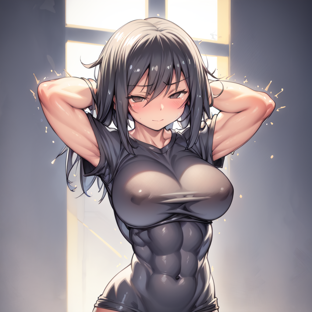 <lora:MuscleMommyLoraV1.0-000004:1>,  muscle_mommy, black hair, tshirt