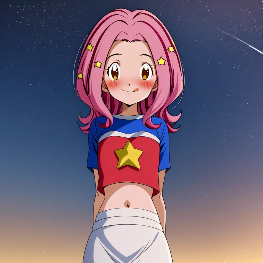digimon adventure 02, mimi tachikawa, anime coloring, cartoon, anime coloring, 1girl, solo, skirt, navel, pink hair, star (symbol), blush, smile, star hair ornament, brown eyes, midriff, sky, hair ornament, tongue, looking at viewer, shirt, night, white skirt, arms behind back, outdoors, miniskirt, crop top, star shirt