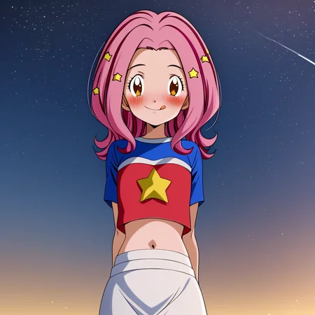 digimon adventure 02, mimi tachikawa, anime coloring, cartoon, anime coloring, 1girl, solo, skirt, navel, pink hair, star (symbol), blush, smile, star hair ornament, brown eyes, midriff, sky, hair ornament, tongue, looking at viewer, shirt, night, white skirt, arms behind back, outdoors, miniskirt, crop top, star shirt