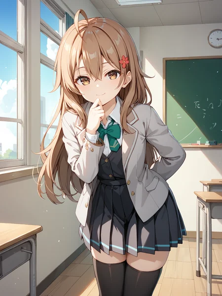 score_9, score_8_up, score_7_up, source_anime,
masha_ane, long hair, brown hair, ahoge, hair between eyes, hair red flower, hair ornament, brown eyes,
1girl, solo, full body, looking at viewer, cowboy shot, indoors, classroom, windows, blue sky, inviting,
light smile, leaning forward, arms at back, hand to mouth,
school uniform, grey jacket, open jacket, long sleeves, green bow, white shirt, collared shirt, black vest, button, black dress, black thighhighs,
<lora:hinaAlyaMashaYuki_wifu_v2:0.8>
