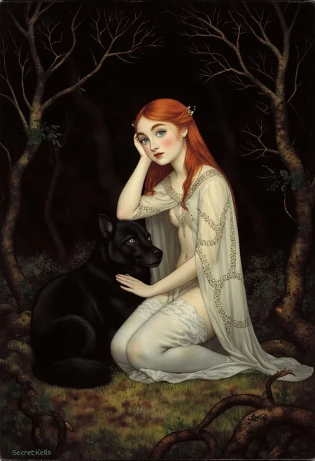 SecretKells Victorian era oil painting by Henrietta Rae, full body portrait of a beautiful young woman with red hair kneeling in the forest, her intricate sheer Celtic-patterned cloak flowing softly around her, set against a dark forest backdrop. her black wolf sitting next to her, her hand on the dogs head, while delicate swirling lines frame her face. Animated, stylized, detailed portrait, mystical atmosphere.