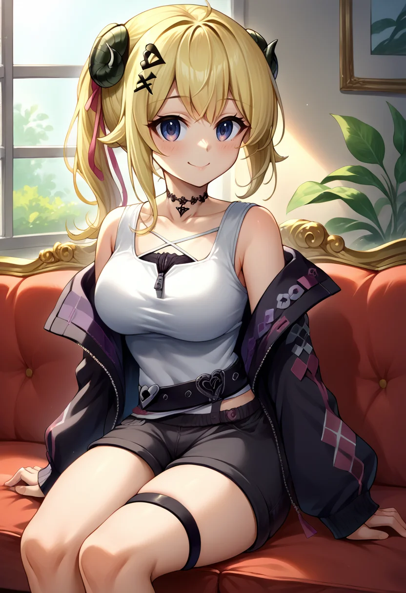score_9, score_8_up, source_anime, 1girl, solo, Watame4thConcert, long hair, side ponytail, hair ribbon, x hair ornament, black choker, white tank top, zipper, black jacket, black belt, black shorts, thigh strap, indoors, sitting, on couch, smile, <lora:ChamTsunomakiWatamePonyXLV2:1>
