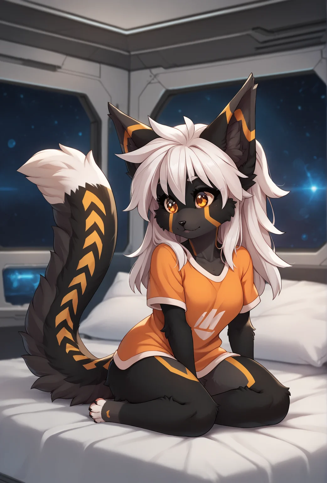 score_9, score_8_up, score_7_up, score_6_up, score_5_up, score_4_up, indoors, spacecraft, depth of field, bokeh, bedroom BREAK
<lora:warning_fluffkevlar_ponyXL_v1.62_0.99:1.00> fkwarning, shortstack, white hair, orange eyes, long hair, black fur, furry, tail, long tail, 1girl, solo, pajama top, orange shirt, long shirt, wariza, sitting, bed, leaning