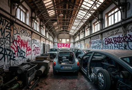 An urban  exploration photo of the inside of an abandoned car factory. The walls are covered by graffiti. Most notably is the word "BUZZ" tagged on several walls and machines.
The atmosphere is grimy.