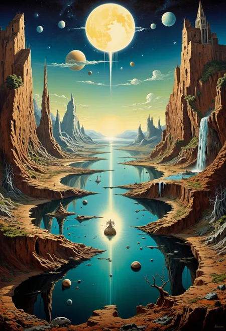 Frank Frazetta sci-fi, Surr3@l,
 oil  painting of a panorama view, the lake of serenity, a classic gothic baroque fantasy art painting with vibrant colors, digital artwork, illustrative, painterly, matte painting, highly detailed, atmospheric haze, panoramic zoomed out view, highly dramatic lighting