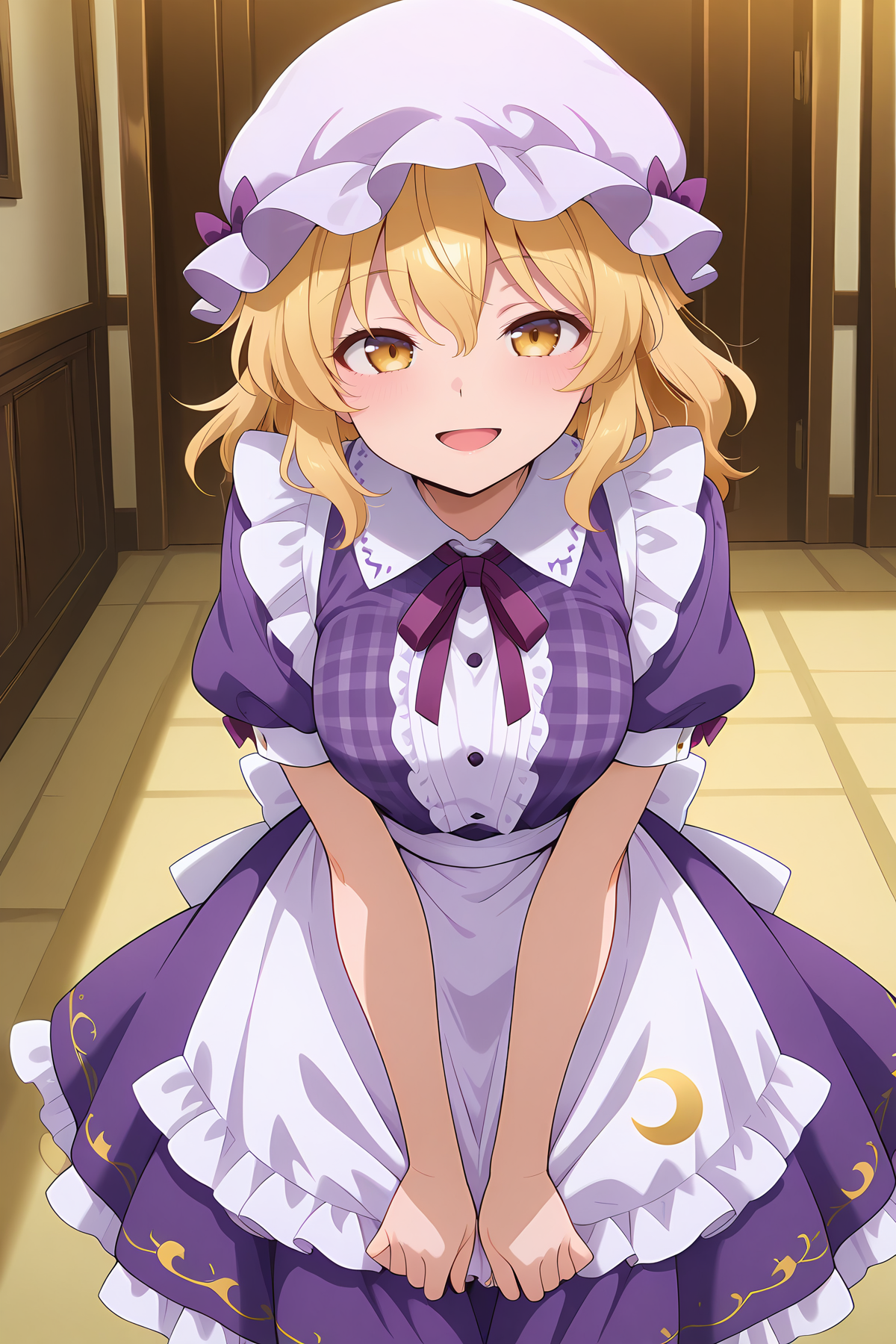 absurdres, highres, masterpiece, best quality, amazing quality, official anime artwork, screencap, anime screencap, indoors, looking at viewer, smile, open mouth,  
 <lora:Maribel-Hearn_Illustrious:1> maribel hearn, 1girl, solo, yellow eyes, blonde hair, medium hair,, alternate costume, white apron, crescent print dress, purple dress, white mob cap, purple hat bow, maid, purple neck ribbon, puffy short sleeves, purple dress, plaid dress, waist apron, white apron, white pantyhose,