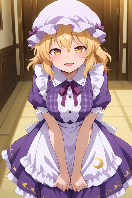 absurdres, highres, masterpiece, best quality, amazing quality, official anime artwork, screencap, anime screencap, indoors, looking at viewer, smile, open mouth,  
 <lora:Maribel-Hearn_Illustrious:1> maribel hearn, 1girl, solo, yellow eyes, blonde hair, medium hair,, alternate costume, white apron, crescent print dress, purple dress, white mob cap, purple hat bow, maid, purple neck ribbon, puffy short sleeves, purple dress, plaid dress, waist apron, white apron, white pantyhose,