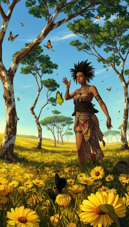 <lora:ck-LttleGhost-000011.safetensors:1> in the style of ck-lttlegh0stA powerful African woman stands amidst a field of yellow flowers, clad in an intricate tribal outfit that seems alive. Her mohawked hair pulses with energy, and butterflies flutter around her. In the background, a clear blue sky meets the horizon, where a row of twisted trees stretches out like nature's own artistry.