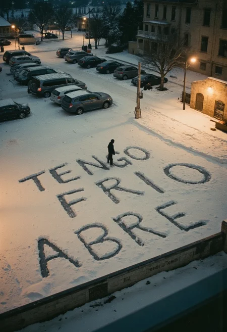 Looking down from the 10th floor of a high-rise building on a snowy winter evening, the scene reveals a parking lot blanketed in fresh snow. Warm streetlights cast a soft, golden glow over the snow-covered ground, creating long shadows and a peaceful atmosphere. In the snow below, the words 'TENGO FRIO' are faintly visible, but 'FRIO' has been crossed out and replaced with 'ABRE,' clearly written in large, boot-trodden letters. A lone figure stands near the words, their face obscured by a hood, seemingly unaware of being watched from above. The surreal humor of the message contrasts with the serene, wintry setting.