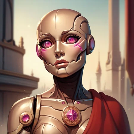score_9, score_8_up, 8, score_7_up, score_6_up, ((masterpiece)), portrair, 
warforged, metal body, robot, 1girl, pink eyes, gold metal,
fantasy background, blurred background