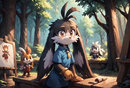 score_9, score_8_up, score_7_up, score_6_up, score_5_up, score_4_up, <lora:Klonoa_Character_PonyXL:0.8> , Klonoa, two long ears, fur, anthro, Klonoa, g5, rich colors, forest operations, forest, thicket, communal appearance , presents a painting of rabbits and pony, aroused, front view, detailed background, detailed, 8k quality, side view, beautiful, teasing, easel and brushes, leaned to the floor, freely actions, dress,