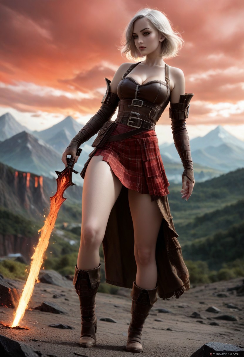 score_9, score_8_up, score_7_up, 
1girl, solo, <lora:NAHIRI:1>, short hair, white hair, nahiri, red eyes, athletic, horny, curvy, thick thighs, wide hips, cleavage, medium breasts, tall female, huge ass, mature female, weapon, 
belt, boots, detached sleeves, plaid skirt, red skirt, armor, miniskirt, brown leather top, bare shoulders, 
from below,
<lora:Smooth Anime 2 Style SDXL_LoRA_Pony Diffusion V6 XL:0.5>
<lora:AmateurStyle_v1_PONY_REALISM:0.5>
depth of field, blurry background, blurry foreground, mountain top, volcano, red sky,