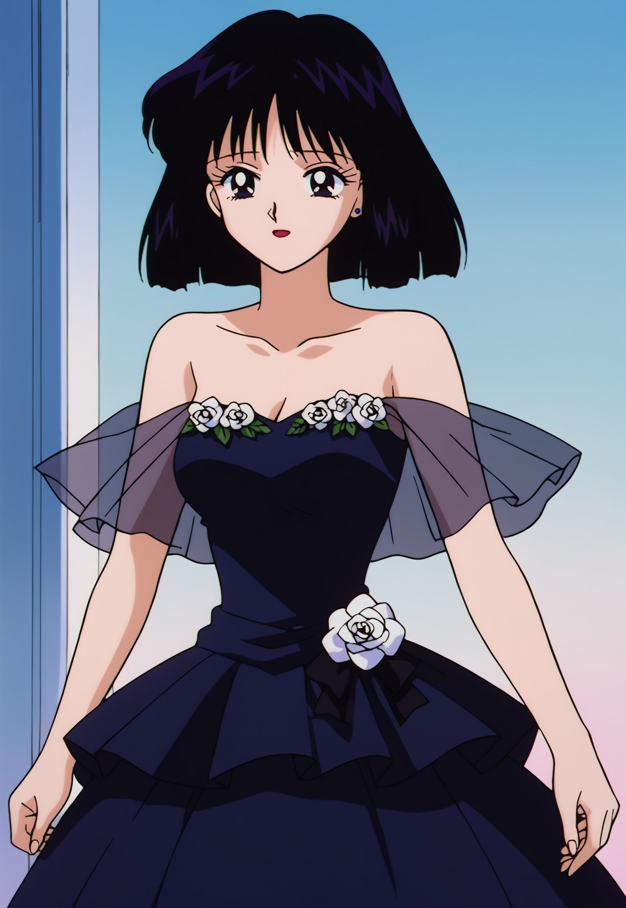 score_9, score_8, score_7, source_anime, wedding dress, hotaru tomoe, short hair, black hair, black eyes, mature female, solo