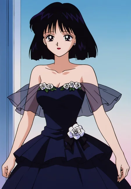 score_9, score_8, score_7, source_anime, wedding dress, hotaru tomoe, short hair, black hair, black eyes, mature female, solo