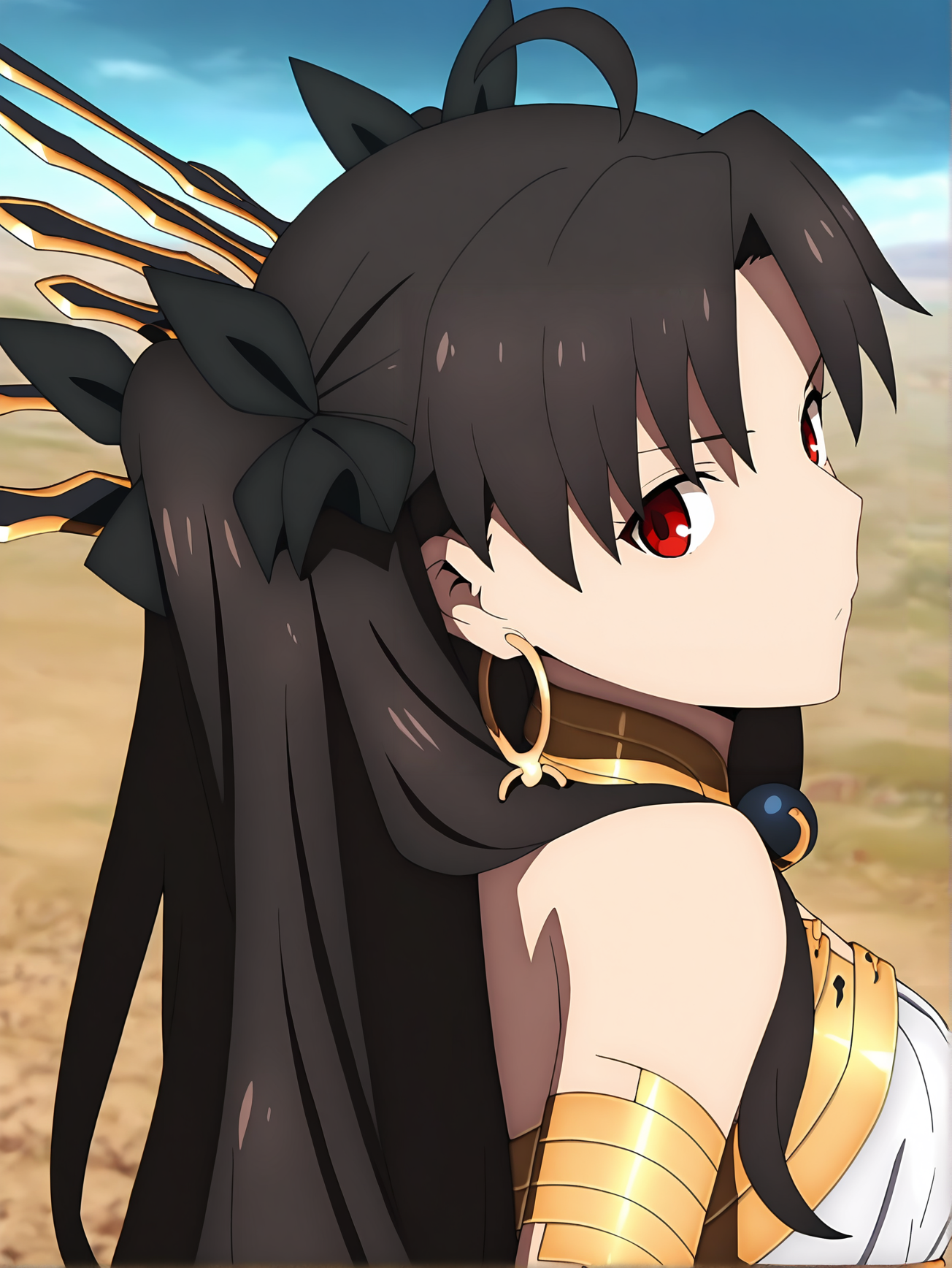 masterpiece,best quality,amazing quality,<lora:Ishtar_Character:1>ishtar, 1girl, solo, long hair, brown hair, red eyes, earrings, hair ornament, choker, strapless top, right arm sleeve, gold trim, ornate accessories, dynamic view, looking at viewer, close up
