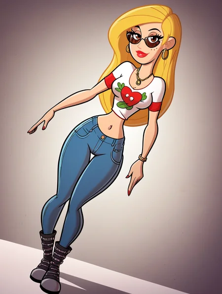 score_9, score_8_up, score_7_up, (toon \(style\):1),(flat colors:1),facing viewer,ultra high quality,ultra high resolution,ultra , seductive,(extremely detailed), detailed background,,(masterpiece, best quality, high quality, highres, ultra-detailed),full body,inside, bedroom in background, spotlight effects.,close up, cowboy shot,   dutch angle ,perfect eyes,perfect face,,narrow waist,perfect breasts,perfect eyes,perfect face,eager expression,earrings,facing viewer, 
<lora:Veronica_Stoppable:0.9> veronica stoppable, toon (style), flat color, freckles, narrow waist,  brown eyes, long hair,  long eyelashes,  long hair, brown eyes, seductive smile, long eyelashes, medium breasts, wide hips, long legs, red lips, looking at viewer,blonde hair, form-fitting designer graphic t-shirt, high-waisted skinny jeans, sleek ankle boots. oversized sunglasses,  chunky gold chain necklace,  designer handbag.midriff,