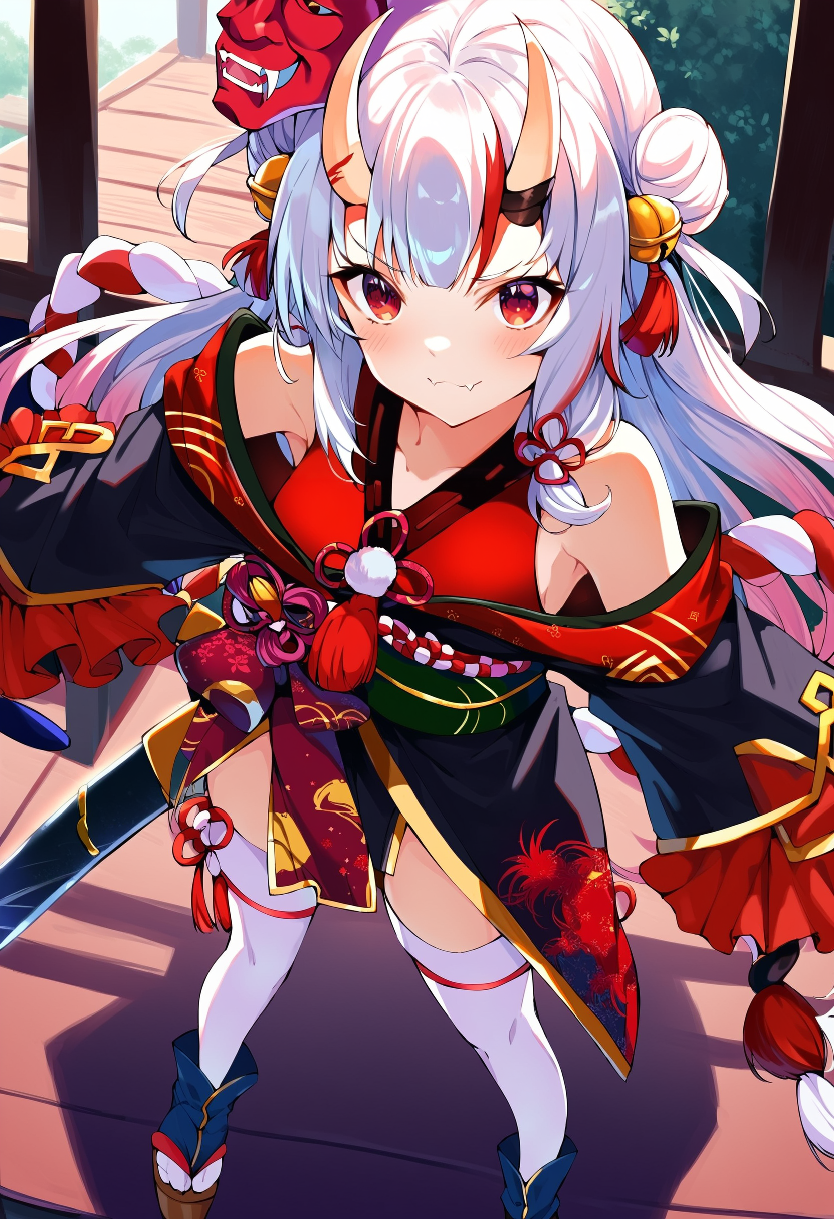 score_9, score_8_up, score_7_up, score_6_up, source anime,
nakiri ayame, nakiri ayame base, 1girl, long hair, bell, japanese clothes, thighhighs, oni mask on head, hair bell, kimono, oni, hair bun, weapon, sword, solo, looking at viewer, double bun, fang, white thighhighs, hair ornament, off shoulder, black kimono, smile, katana, shimenawa, sandals, standing, tassel, skin fang, bare shoulders, gold trim, long sleeves, skin-covered horns, blush, tabi, full body, okobo, sash, east asian architecture, from above
<lora:nakiri_ayame_v1:1>