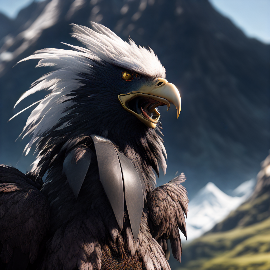 fking_scifi_v2, award winning portrait of a werecreature, close up, 80mm, f/1.8,
eagle headed woman wearing (feathered LnF dress:1.2),  
mountain background , <lora:LnF21:0.8>