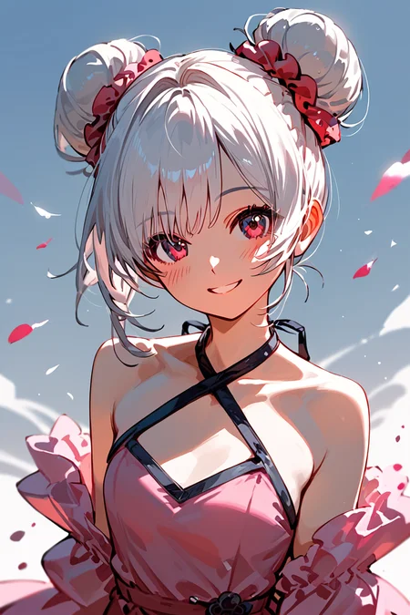 score_9, score_8_up, score_7_up, source_anime, blush, looking at viewer,bun cover,  white hair, red scrunchie, pink dress, shorts, bare shoulders, halterneck, <lora:Xiaoqiao_pony:0.8>upper body, smile