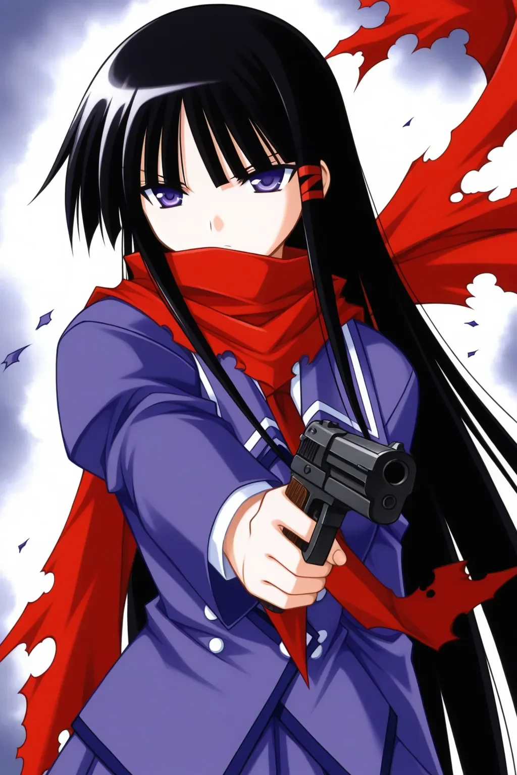 masterpiece, best quality, pugyuru_leo_ilxl, 1girl, solo <lora:pugyuru_leo_ilxl:0.9> weapon, gun, scarf, handgun, school uniform, torn clothes, serious, Cover mouth with scarf