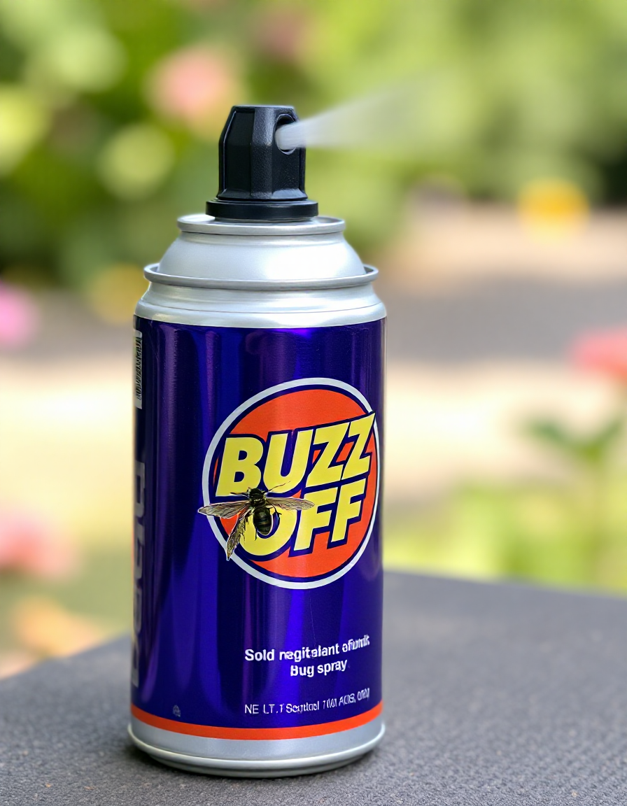 Can of bug spray with the text "BUZZ OFF"