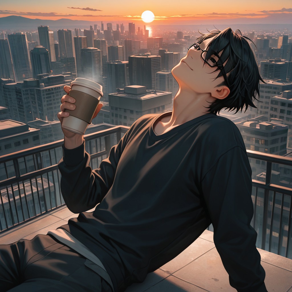 masterpiece, best quality, amazing quality, absurdres, newest, detailed background, definition so sharp, Ultra-HD, 8K cinematic, very awa, impressionate, amazing quality, highres, 
solo, male focus, manly, 
saruhikofushimi, saruhiko_black hair, saruhiko_black eyes, 1boy, short hair, glasses \(on head\), leaning back, relaxed pose, slight smile, casual outfit, coffee cup, rooftop, city view, sunset, cool colors, calm, intelligent, charming, slightly sexy