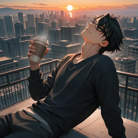 masterpiece, best quality, amazing quality, absurdres, newest, detailed background, definition so sharp, Ultra-HD, 8K cinematic, very awa, impressionate, amazing quality, highres,
solo, male focus, manly,
saruhikofushimi, saruhiko_black hair, saruhiko_black eyes, 1boy, short hair, glasses \(on head\), leaning back, relaxed pose, slight smile, casual outfit, coffee cup, rooftop, city view, sunset, cool colors, calm, intelligent, charming, slightly sexy