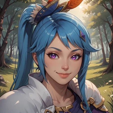 score_9, score_8, BREAK, solo, Lana (Hyrule Warriors), blue hair, side ponytail, hair ornament, sexy pose, self portrait, smile, looking at viewer, outdoors, sunlight, shadows, evening lighting, natural lighting, forest, trees, grass, orange sky, sunset