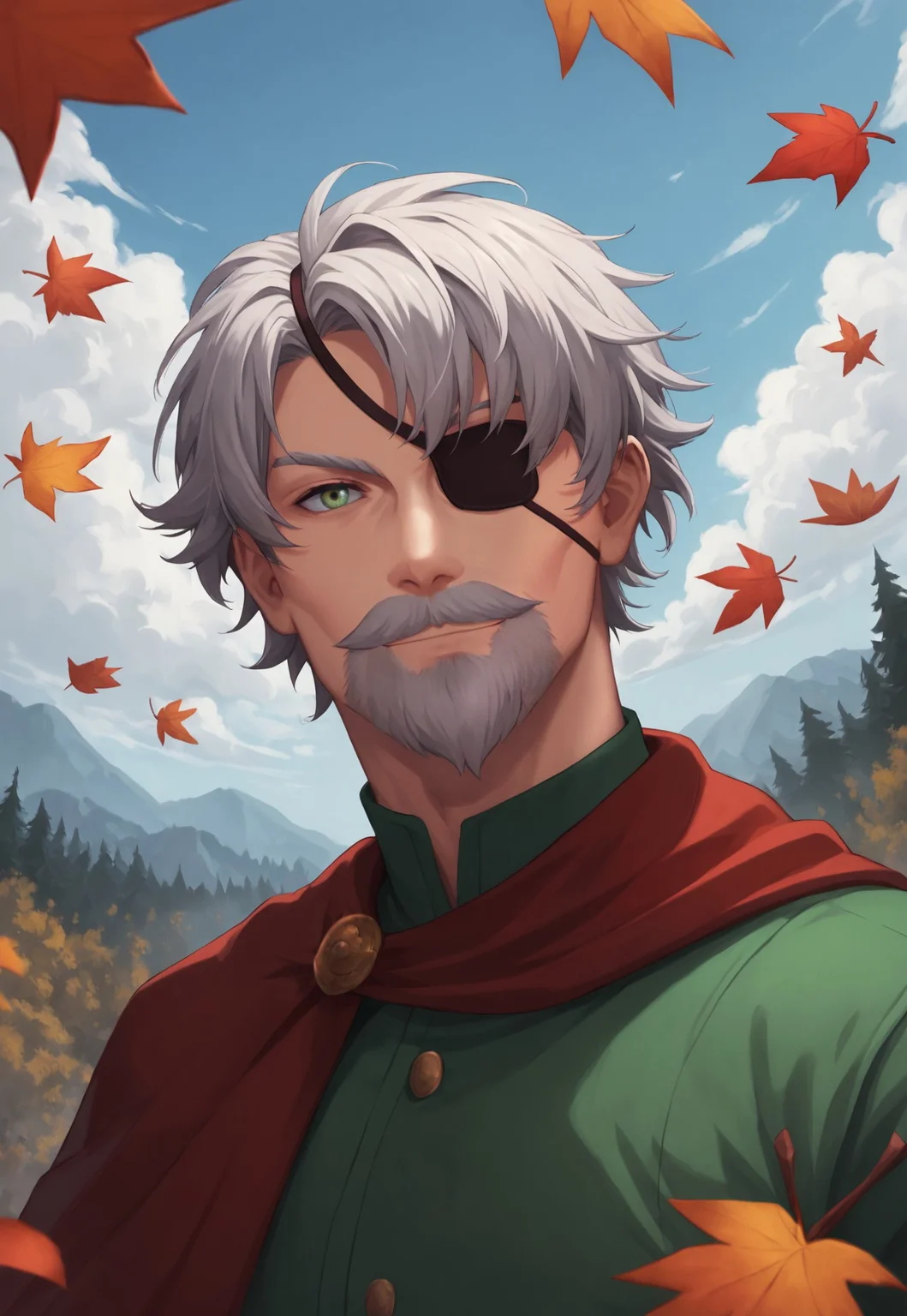 score_9, score_8_up, MarlonSV, medium hair, grey hair, green eyes, beard, mustache, eyepatch, mature male, muscular, red cape, green long sleeve shirt, looking at viewer, smile, dynamic pose, detailed background, dutch angle, portrait, blue sky, clouds, forest, leaves on the wind,