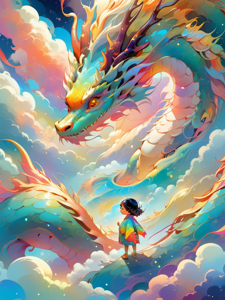 1 eastrn dragon surrounds the little girl,colorful,Symphony,shiny and glossy,bright color,brian kesinger,luminous color palette,Bright color combination,in the style of psychedelic manga,<lora:Symphony_dragon:1>,colorful clouds,looking at sky