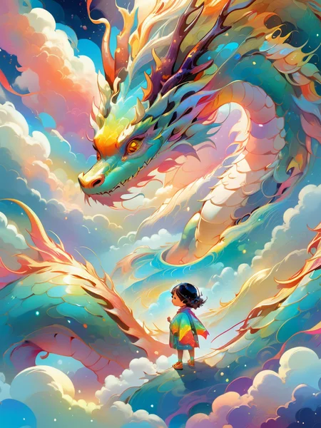 1 eastrn dragon surrounds the little girl,colorful,Symphony,shiny and glossy,bright color,brian kesinger,luminous color palette,Bright color combination,in the style of psychedelic manga,<lora:Symphony_dragon:1>,colorful clouds,looking at sky