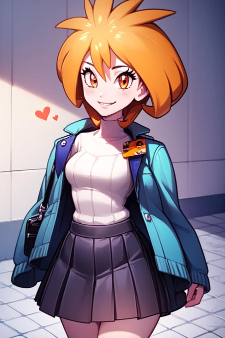 score_9, score_8_up, score_8, medium breasts, (curvy), cute, eyelashes, BREAK, , zzbrigette, short hair, orange hair, orange eyes, white sweater, turtleneck, blue jacket, <lora:Brigette_Pokemon_PDXL:0.8>, , BREAK, closed mouth, alternate costume, smile, looking at viewer, collared shirt, blush, sweater, black skirt, eyelashes, long sleeves, sleeves past wrists, plaid skirt, shoulder bag, black bag, blurry, tile floor, pleated skirt, white shirt, cowboy shot, embedding:zPDXL, Expressiveh, <lora:Vivid:0.7>, <lora:LFashionPDXL:1>, <lora:Uncensored_PonyXL_cpt_v02.09:0.4>, <lora:Expressive_H-000001:0.4>,