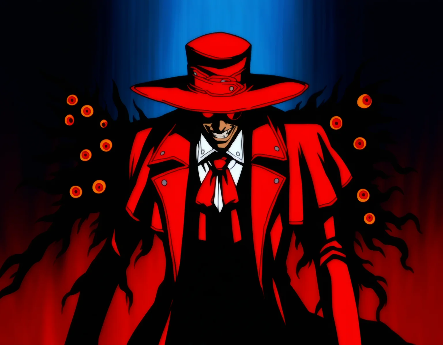 masterpiece, absurdres, best quality, refined digital art, 
1boy, alucard, red hat, red coat, vampire, sunglasses, evil grin, extended arm,  magic, beast,teeth, red eyes, casting spell, horror \(theme\), tendrils, 
(chainsaw man, one punch man, tekken, street fighter, the king of fighters:0.2), hellsing,
cinematic, anime screencap, character art, clear lines,  gradient background,  extra eyes, eyeball, painterly, serious, highly detailed, 
artist: hungry clicker, artist: optionaltypo,
 <lora:Hellsing classic Illustrious:0.5>
