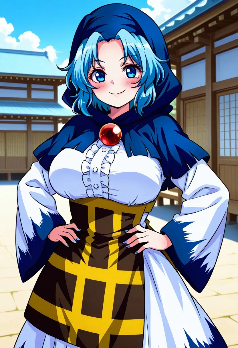 seireiart style, (japanese village), (feudal japan), daytime, 1girl, solo, smile, blush, ((Large Breasts)), looking at viewer, ((standing)), ((arms on hips)), blue hair, short hair, blue eyes, ((kumoi ichirin)), closed mouth, long sleeves, pendant, kesa, white dress, wide sleeves, hood up, capelet