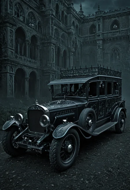 Gothic style <lora:R0k00M0t0rV3h1c13HD:1>,r0k00m0t0rv3h1c13hd,ground vehicle,motor vehicle,car,r0k00bl0ckb0ckgr00ndhd,r0k00bstr0cthd, . Dark, mysterious, haunting, dramatic, ornate, detailed