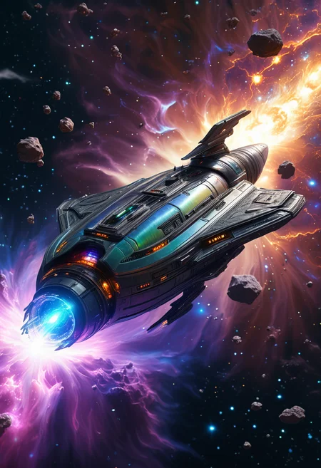 (medium full shot) of (sleek minuscule iridescent spaceship) with reinforced-steel hull, fusion reactors, advanced shielding, ethereal auras, set in near the galactic core, with bright stars and intense radiation all around, the spaceship navigating the hazardous region, during a cosmic storm, ,Masterpiece,best quality, raw photo, realistic, very aesthetic