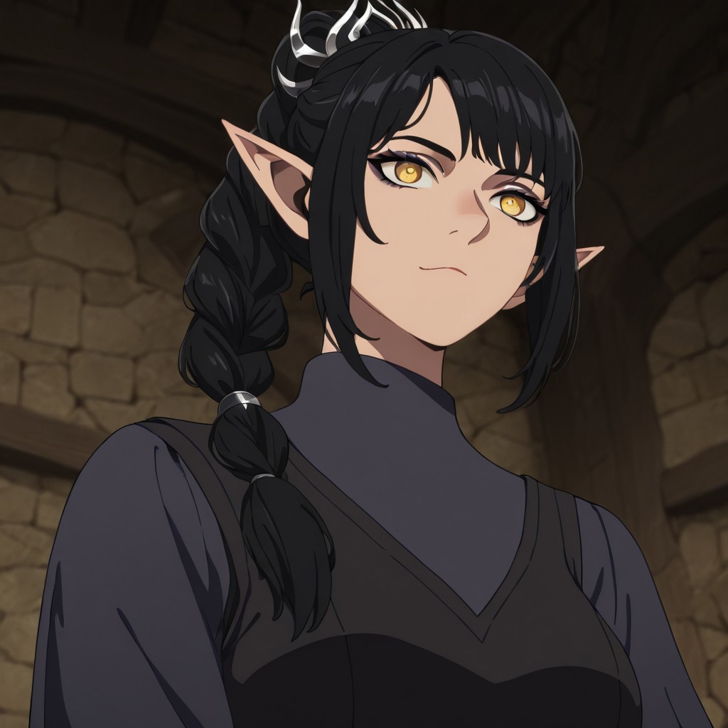 masterpiece, best quality, newest, absurdres, highres, 
DMStyle-DmpackV1.0, official style,
1girl, shadowheart \(baldur's gate\), long braid, elf, pointy ears, black hair, braid, side bangs,
,
