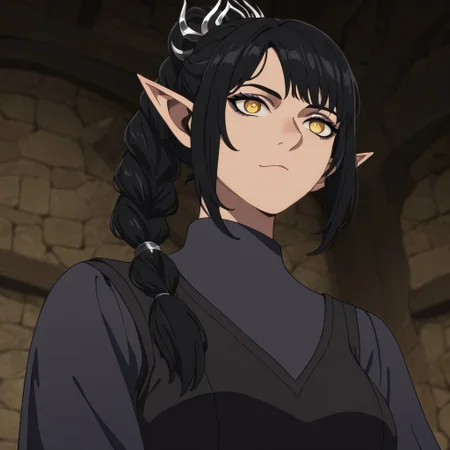 masterpiece, best quality, newest, absurdres, highres,
DMStyle-DmpackV1.0, official style,
1girl, shadowheart \(baldur's gate\), long braid, elf, pointy ears, black hair, braid, side bangs,
,
