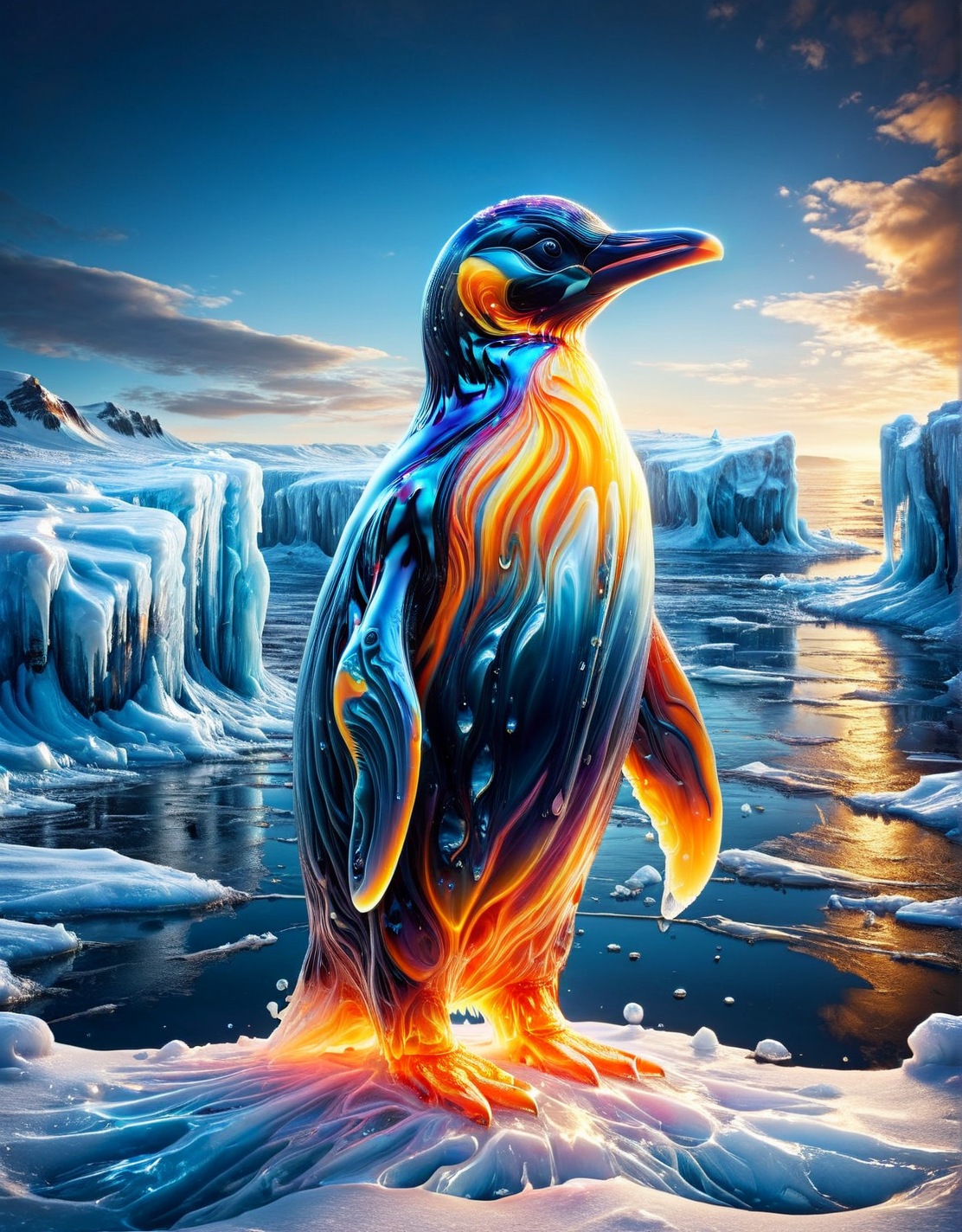 An ais-brknlvlmp penguin standing on the frozen tundra <lora:ais-brknlvlmp-sdxl:1>