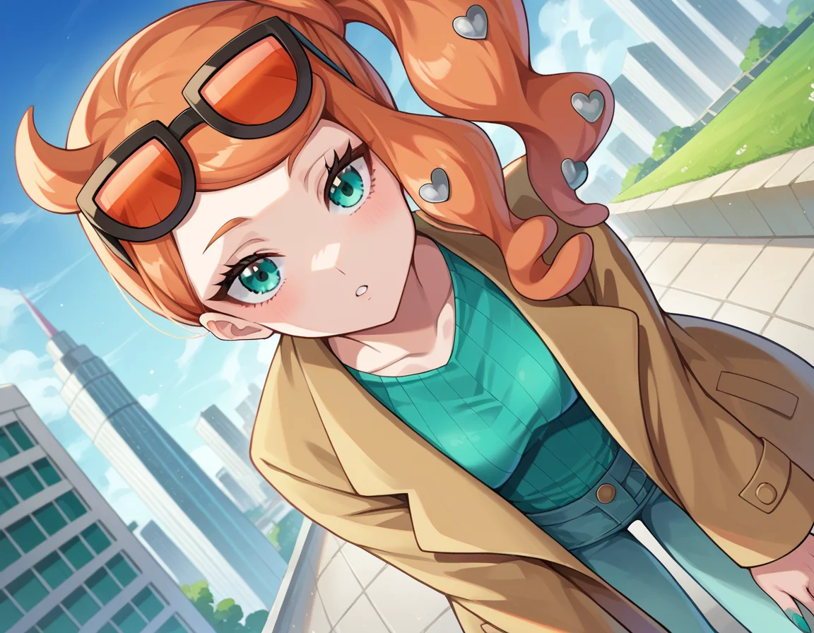 score_9, score_8_up, score_7_up, source_anime,
pokemonsonia, <lora:pokemon-sonia-ponyxl-lora-nochekaiser:1>
pokemonsonia, aqua eyes, heart, heart hair ornament, long hair, long sleeves, orange hair, side ponytail, swept bangs,
aqua footwear, aqua nails, aqua shirt, brown coat, brown jacket, coat, collarbone, eyewear on head, jacket, long sleeves, orange-tinted eyewear, pants, ribbed shirt, shirt, sunglasses, tinted eyewear,
outdoors, cityscape, bent over,
looking at viewer, cowboy shot, dutch angle,